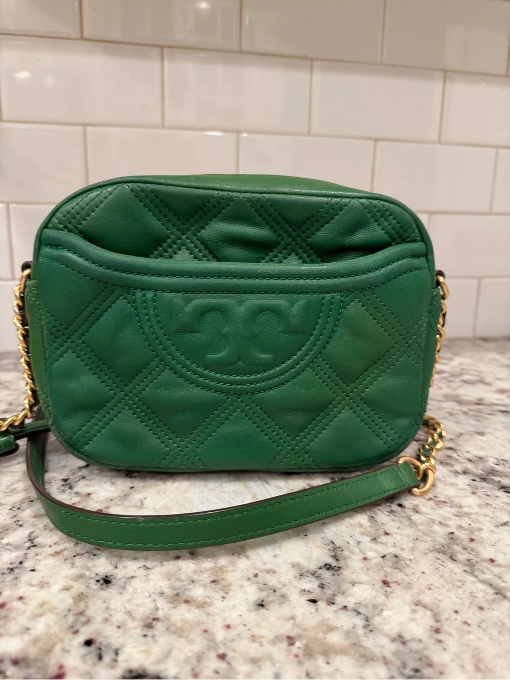 Tory Burch Green Quilted Leather Crossbody Bag with Chain Strap